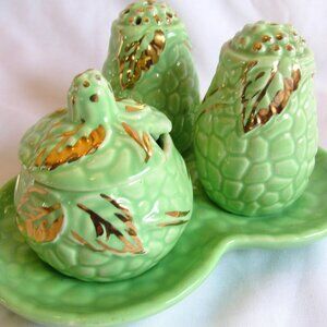 Vintage Wade Emerald Gold Bramble Condiment Set, Made in England, 5 pc Set  b222